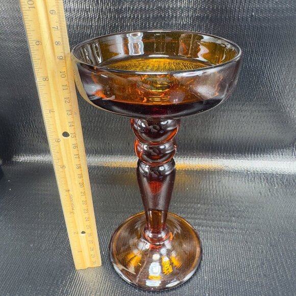 Vintage Mid Century Amber Glass Candle Holders Votive Pillar Heavy Glass Set 2 - Picture 2 of 14